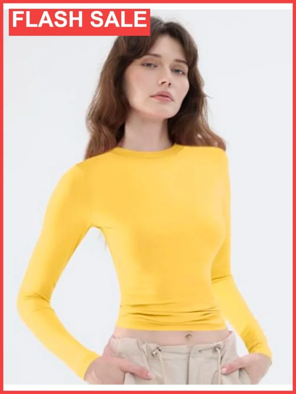 Women's Soft Long Sleeve Crew Neck Crop Top Tee Slim Fit Y2K Basic T-Shirt